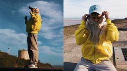 two photos of Luke RV. He wears a yellow jacket, fawn trousers with brown shoes and a blue cap.