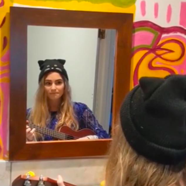 cat rose looks in the mirror