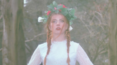 Image of Crysalice. She has red hair in two braids, is wearing a white lace dress and a floral head piece. 