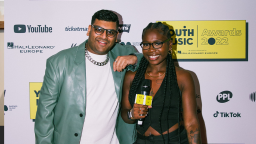 jameel shariff and jade barnett pose at the youth music awards