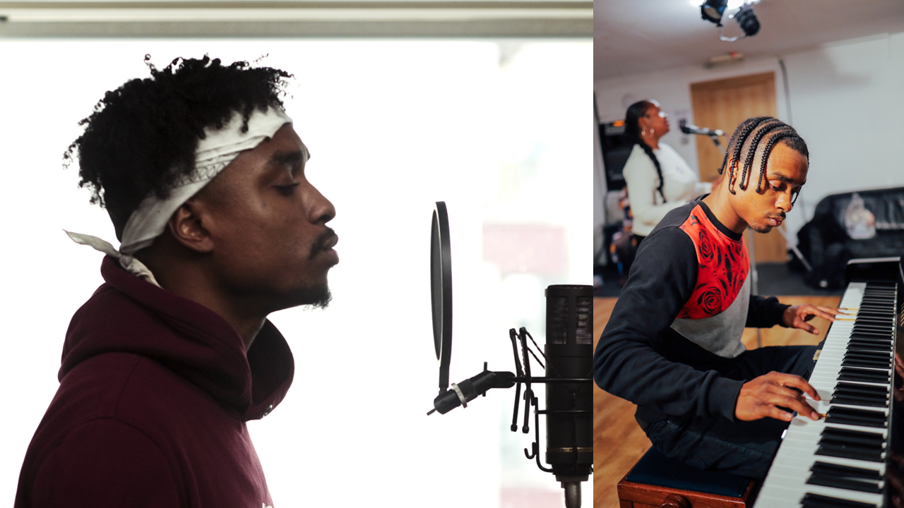 a collage of photos: one young man sings and another plays the keyboard 