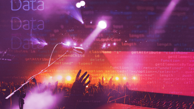 Abstract image of a live show with a large crowd, with a overlay of HTML code text, and Data written repeatedly in the top left corner.